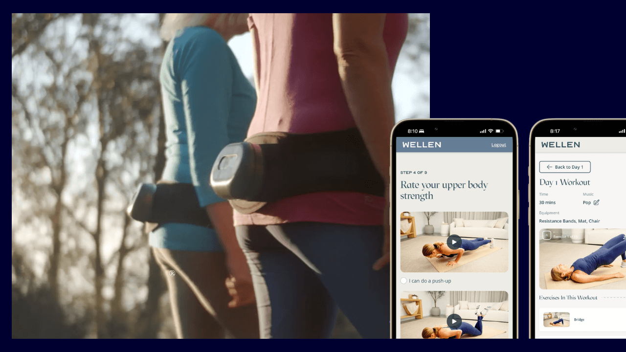 Two women walking wearing Osteoboost belts overlaid by two smartphones showing the Wellen exercise app